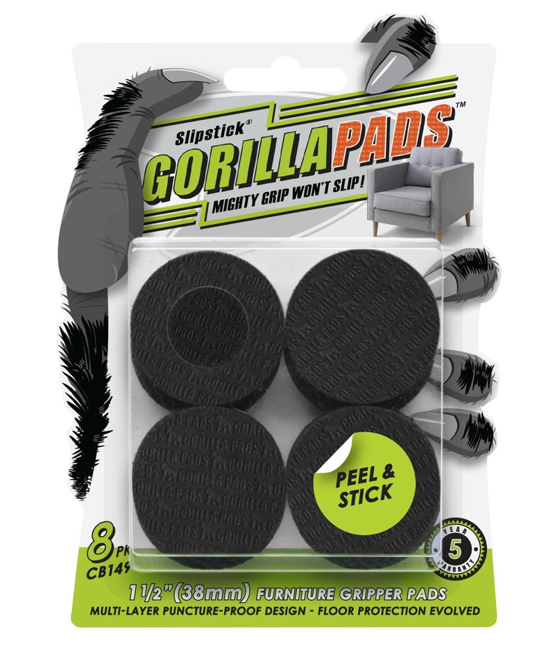 Slipstick GorillaPads CB149 Non-Slip Furniture Pads/Rubber Grippers (Set of 8) Self-Adhesive Furniture Feet Floor Protectors, 1-1/2 inch Round, Black - Image 1
